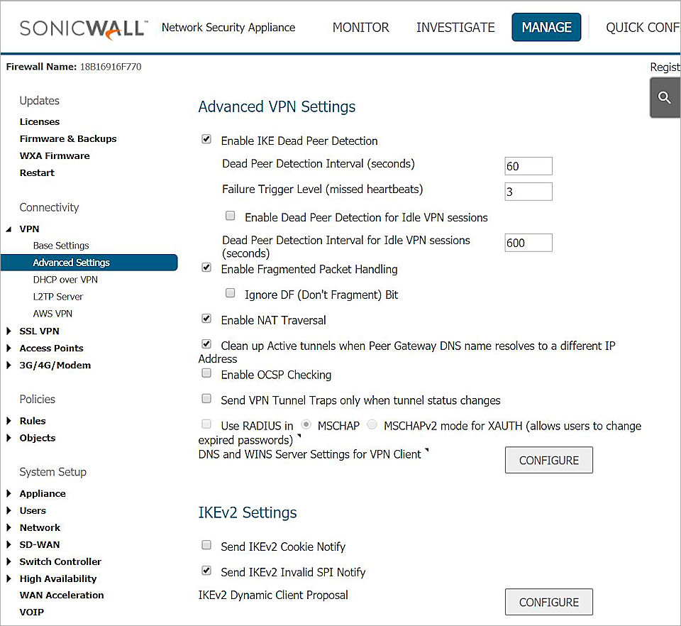 Screenshot of sonicwall, picture9, vpn, base settings, currently active VPN tunnels.